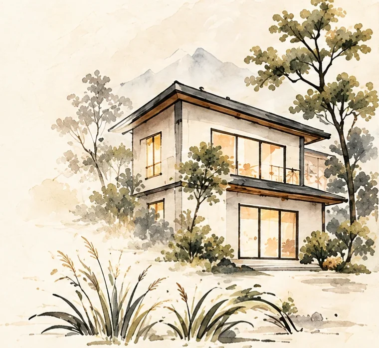 A watercolour house among trees
