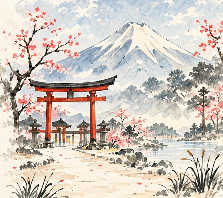 A watercolour torii gate below Mount Fuji