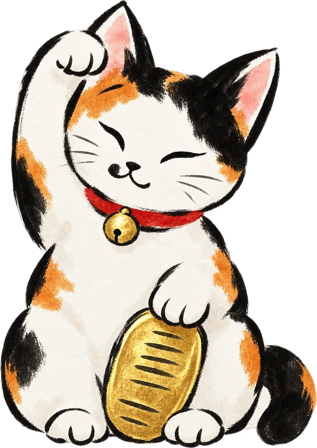 The NekoJar maneki-neko holding a gold koban